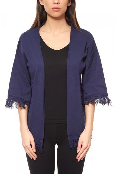 ashley brooke by heine Damen Strick-Jacke Blau mit Fransen