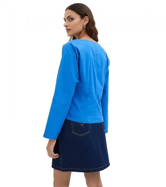 Damen Baumwoll-Popeline-Bluse mit Wasserfallausschnitt Alltags-Bluse 925072 Blau