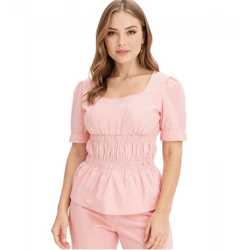Damen Bluse mit Puffärmeln Baumwoll-Bluse Sommer-Top Kurzarm-Shirt 963325 Rosa