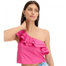 Damen Bluse One-Shoulder mit Puff Baumwoll-Bluse Sommer-Top Kurzarm-Shirt 943264 Rosa