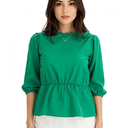 Damen Bluse Rundhals-Bluse mit 3/4 Ärmeln und Taillengummi Baumwoll-Bluse 950069 Grün