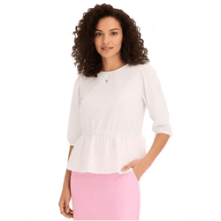 Damen Sommer-Bluse Rundhals-Bluse mit 3/4 Ärmeln und Schößchensaum Baumwoll-Bluse 920934 Weiß