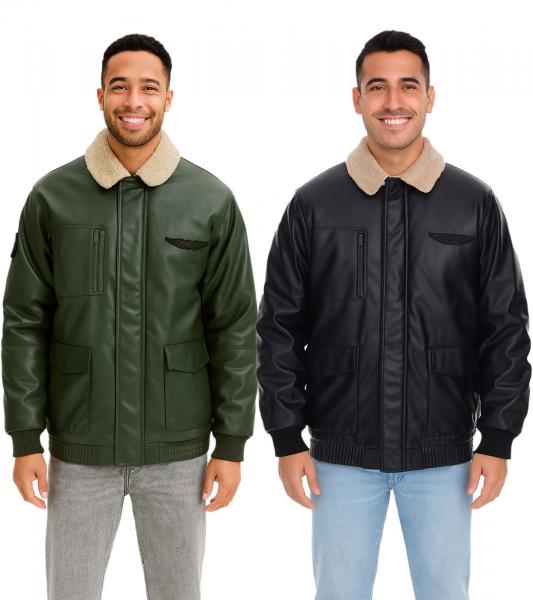Herren Piloten-Jacke aus Lederimitat stylische Outdoor-Jacke mit Teddykragen Olivgr&uuml;n oder Schwarz