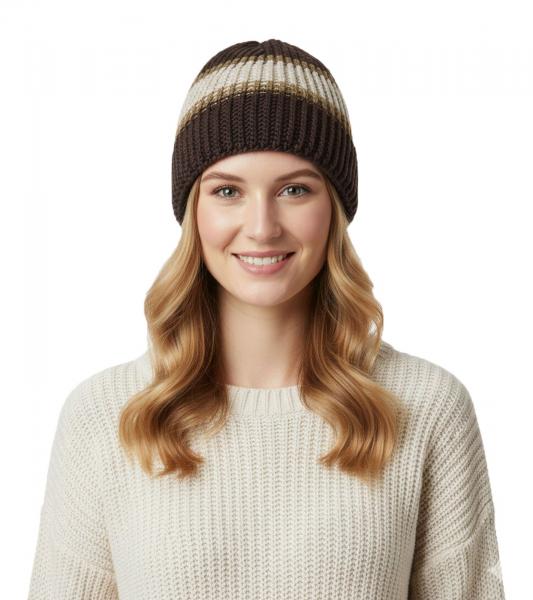 kuschelige H&auml;kel-M&uuml;tze Winter-M&uuml;tze weiche Strick-M&uuml;tze mit Streifen Baumwoll-M&uuml;tze 7315GUY Braun/Wei&szlig;/Gr&uuml;n