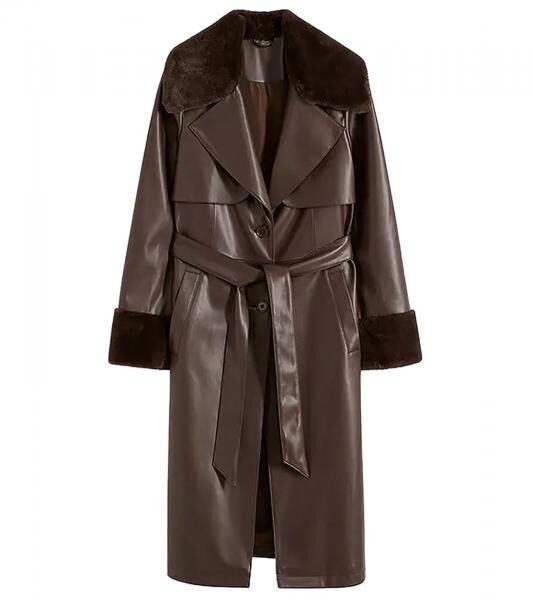 nachhaltiger Damen Lederimitat-Mantel mit Kunstfell Kragen Kunstleder-Jacke Herbst-Mantel 930388 Braun