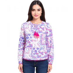 ZWILLINGSHERZ Women's Cotton Summer Blouse with All-Over Paisley Pattern 33214-84 Blue/Pink/White