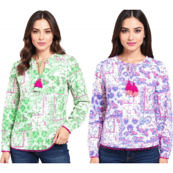 ZWILLINGSHERZ Women's Cotton Summer Blouse with All-Over Paisley Pattern 33214 Blue/Pink/White or Green/Pink/White