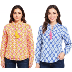 ZWILLINGSHERZ Damen Baumwoll-Bluse Sommer-Bluse mit ovalen Ranken-Muster 33246 Orange/Pink oder Blau/Weiß/Pink