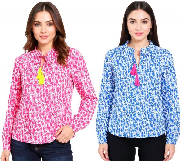 ZWILLINGSHERZ Damen Sommer-Bluse "Colorful Leopard" mit Leopard-Muster 33224 Blau/Pink oder Pink/Gelb/Wei&szlig;