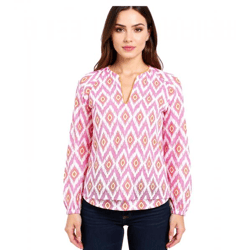 ZWILLINGSHERZ Damen Sommer-Bluse mit auffälligen-Muster Baumwoll Langarmshirt 33227-22 Weiß/Orange/Pink