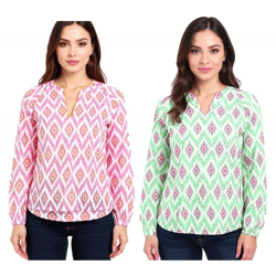 ZWILLINGSHERZ Damen Sommer-Bluse mit auffälligen-Muster Baumwoll Langarmshirt 33227 Weiß/Orange/Pink oder Weiß/Grün/Pink