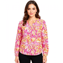 ZWILLINGSHERZ Damen Sommer-Bluse mit auffälligen-Muster Baumwoll Langarmshirt 33233-90 Weiß/Orange/Pink