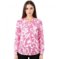ZWILLINGSHERZ Damen Sommer-Bluse mit Blätter-Muster Baumwoll Langarmshirt 33229-13 Pink/Weiß/Gelb
