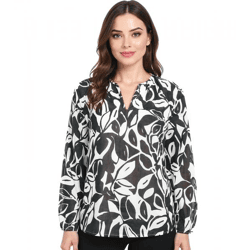 ZWILLINGSHERZ Damen Sommer-Bluse mit Blätter-Muster Baumwoll Langarmshirt 33229-3 Weiß/Schwarz/Pink