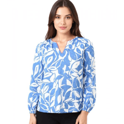 ZWILLINGSHERZ Damen Sommer-Bluse mit Blätter-Muster Baumwoll Langarmshirt 33229-89 Weiß/Blau/Pink