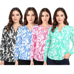 ZWILLINGSHERZ Damen Sommer-Bluse mit Blätter-Muster Baumwoll Langarmshirt 33229 Grün, Schwarz, Pink oder Blau