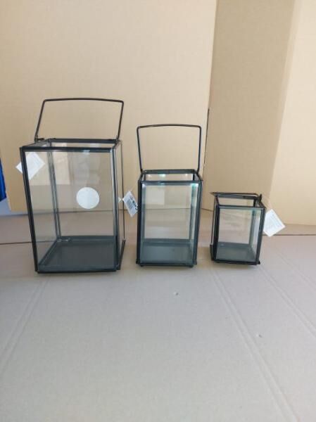 3er Set Gartenlaterne, Windlicht schwarz Metall/Glas Deko, A-Ware