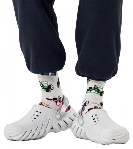 1 Paar Happy Socks Race Car Damen Bio-Baumwoll-Socken mit Allover-Rennwagen-Print Alltags-Str&uuml;mpfe P002591 Grau/Bunt