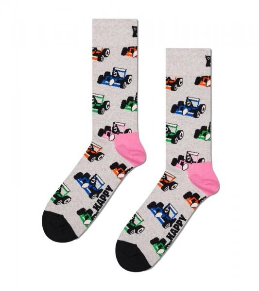 1 Paar Happy Socks Race Car Damen Bio-Baumwoll-Socken mit Allover-Rennwagen-Print Alltags-Str&uuml;mpfe P002591 Grau/Bunt