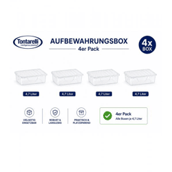 4er Set Tontarelli Aufbewahrungsbox je 4,7 Liter Fassungsvermögen Stapelbare Vorratsboxen mit Deckel 32,7 x 19 x 19 cm Transparent/Weiß
