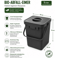 Bio-Abfall-Eimer 5 Liter mit Tragehenkel Mülleimer Haushalt 24x16 x15 cm 9892023 Grau 