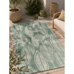 Moderner Outdoor-Teppich im Blattmuster-Design Garten-Teppich Dekoteppich ca.90 x 150cm Grün/Weiß