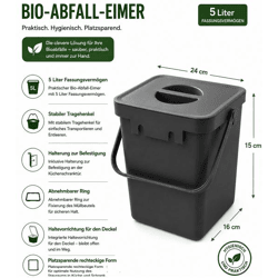 Bio-Abfall-Eimer 5 Liter mit Tragehenkel Mülleimer Haushalt 24x16 x15 cm 9892023 Grau 