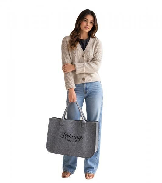 Lieblingstasche Filz-Tasche Damen stilvoller Shopper Einkaufstasche aus Filz mit Stickerei 50x35x25cm Grau 