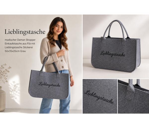 Lieblingstasche Filz-Tasche Damen stilvoller Shopper Einkaufstasche aus Filz mit Stickerei 50x35x25cm Grau 
