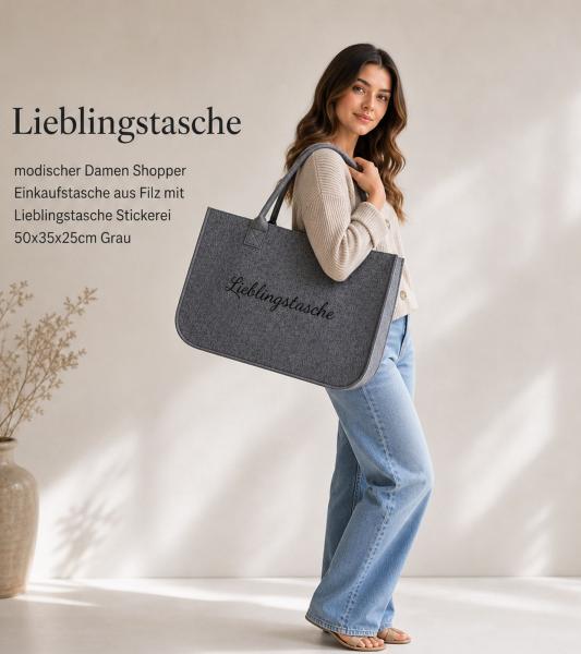 Lieblingstasche Filz-Tasche Damen stilvoller Shopper Einkaufstasche aus Filz mit Stickerei 50x35x25cm Grau 