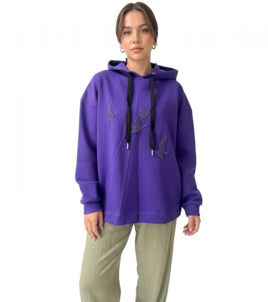 ZEGY Damen Hoodie Kapuzen-Pullover mit V&ouml;gel-Verzierungen Baumwoll-Pullover Sweater 1074 Violett