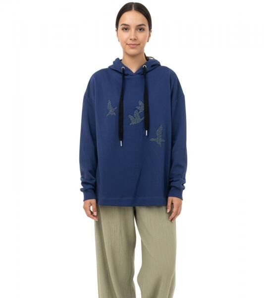 ZEGY Damen Hoodie Kapuzen-Pullover mit V&ouml;gel-Verzierungen Baumwoll-Pullover Sweater 1074 Navy