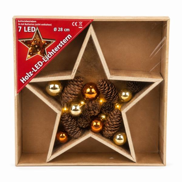 Weihnachtsstern aus Holz mit LED-Beleuchtung, batteriebetrieben, 28 cm