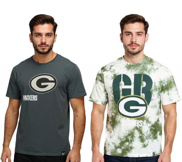 RE:COVERED X NFL Herren T-Shirt Green Bay Packers Logo-Print Baumwoll-Shirt Rundhals-Shirt in Grau oder Batik Gr&uuml;n/wei&szlig;