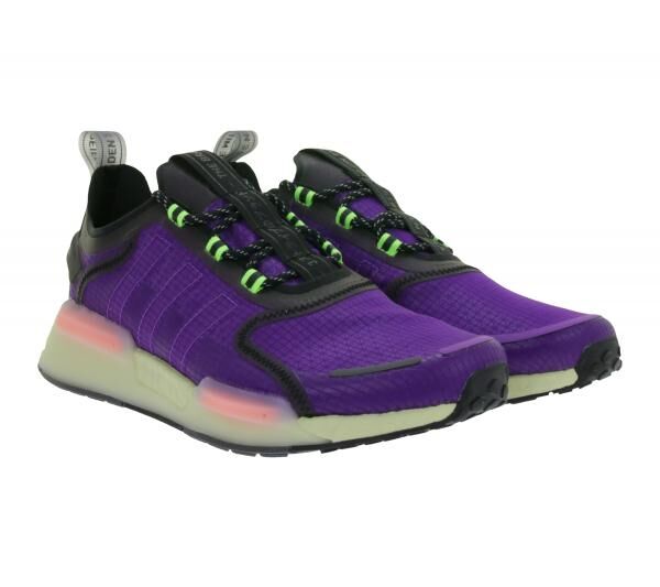 sportliche adidas NMD_V3 Sneaker nachhaltige Lauf-Schuhe f&uuml;r Damen und Herren mit BOOST D&auml;mpfung GW3062 Lila/Schwarz/Gr&uuml;n