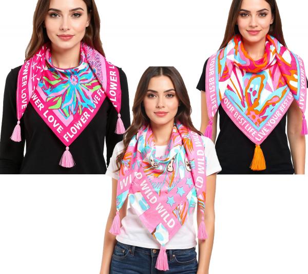 ZWILLINGSHERZ Vierecks-Tuch mit Blumen und WILD, FLOWER LOVE oder LIVE YOUR BEST LIFE Schriftzug Mode-Tuch 3016Q-2907 Pink/Braun, Pink/Tür