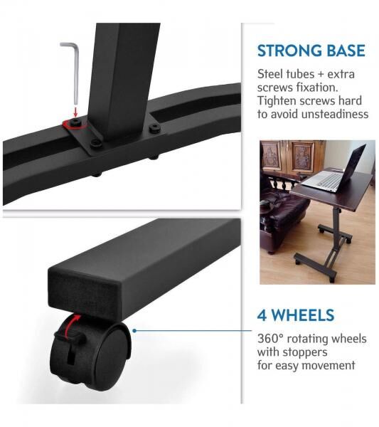Tatkraft Salute Laptop-Tisch h&ouml;henverstellbarer Arbeits-Tisch mit Mausablage 360 Grad drehbare R&auml;der Bett-Tisch 60x40cm 13353 Braun