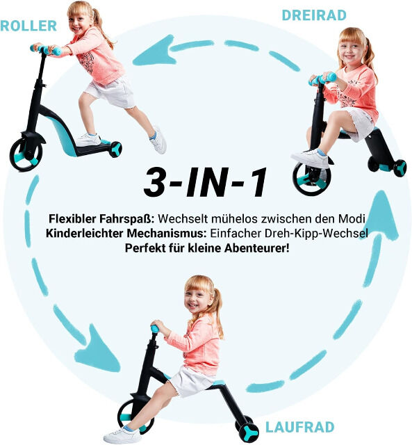 3in1 Kinder Laufrad Dreirad Roller Trike Scooter mitwachsend