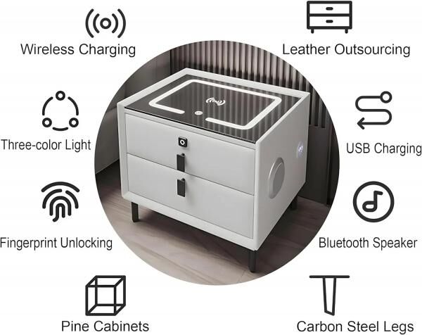 BedhubPro Smart Bedside Table – 3-in-1-Nachttisch mit kabelloser Ladefunktion, Fingerabdruckschloss und Bluetooth-Lautsprechern