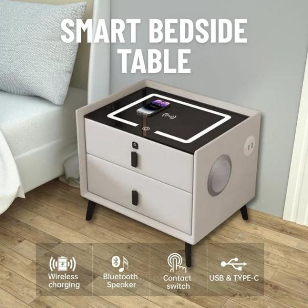 BedhubPro Smart Bedside Table – 3-in-1-Nachttisch mit kabelloser Ladefunktion, Fingerabdruckschloss und Bluetooth-Lautsprechern