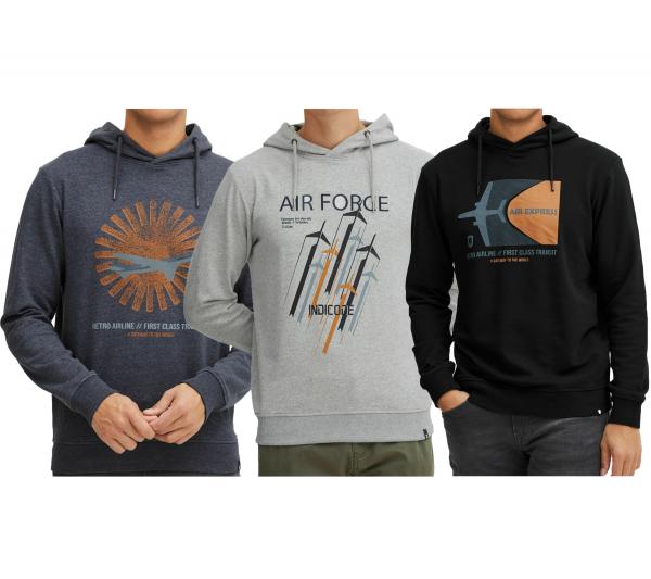 INDICODE Forzo Herren Baumwoll-Hoodie nachhaltiger Kapuzen-Sweater mit gro&szlig;em Frontprint 55-581MM in Grau, Navy oder Schwarz