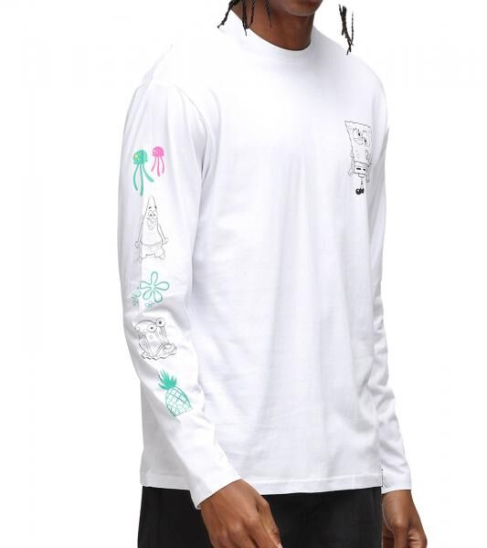 RE:COVERED X nickelodeon Herren Langarm-Shirt SpongeBob Schwammkopf Design Baumwoll-Pullover Rundhals-Shirt MMVCM199 Wei&szlig;