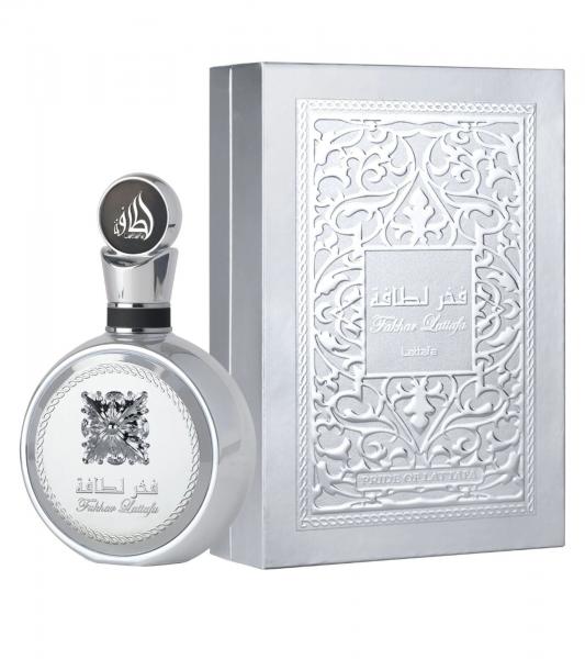 Refined Lattafa Fakhar Platinum Unisex Eau de Parfum—a sensual, oriental body fragrance for women and men, 100 ml, silver