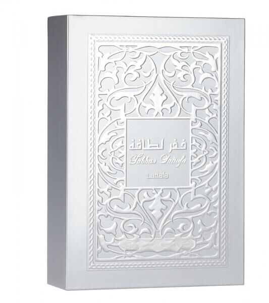 Refined Lattafa Fakhar Platinum Unisex Eau de Parfum—a sensual, oriental body fragrance for women and men, 100 ml, silver