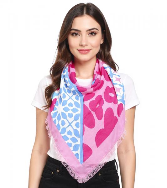 ZWILLINGSHERZ Smile and Shine Dreiecks-Tuch mit Blumenmuster und Fransen Mode-Tuch 3014D-3010-84 Pink/Blau/Wei&szlig;