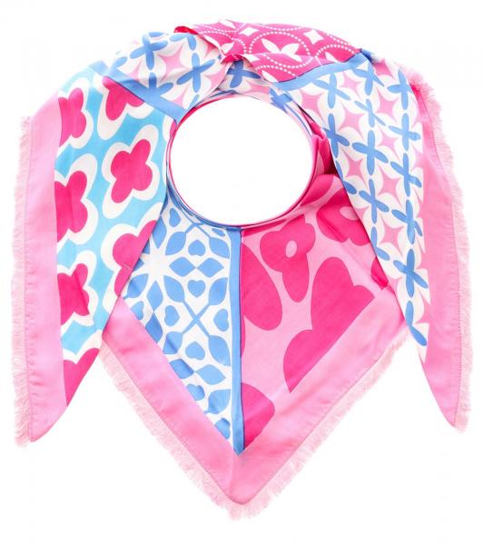ZWILLINGSHERZ Smile and Shine Dreiecks-Tuch mit Blumenmuster und Fransen Mode-Tuch 3014D-3010-84 Pink/Blau/Wei&szlig;