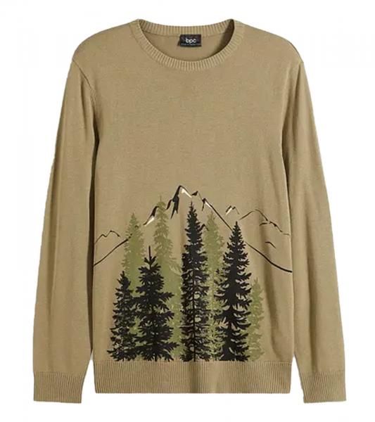 Herren Feinstrick-Pullover Rundhals-Pullover mit Wald und Berge-Muster Winter-Pulli Gro&szlig;e Gr&ouml;&szlig;en 971556 Khaki