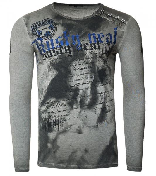 Herren Longsleeve mit gro&szlig;em Schriftzug Baumwoll-Langarm-Shirt Sommer-Pullover Freizeit-Shirt R-10155 Dunkelgrau