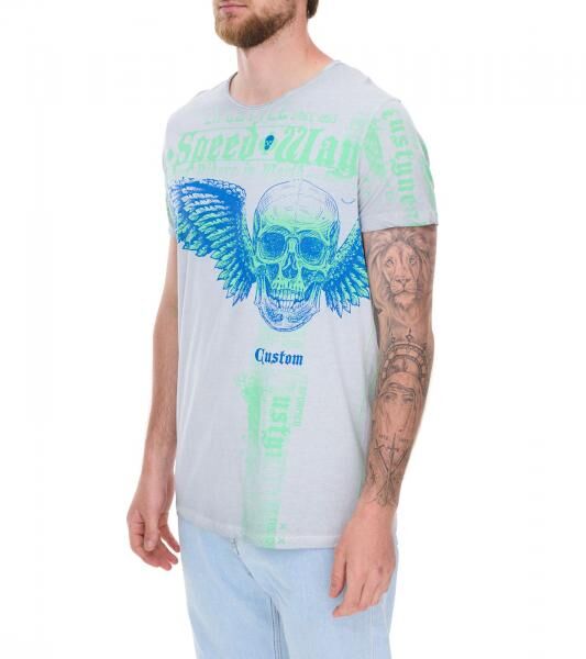 Herren T-Shirt kombinierfreudiges Totenkopf-Print Baumwoll-Shirt Rundhals-Shirt R-15264 Grau 