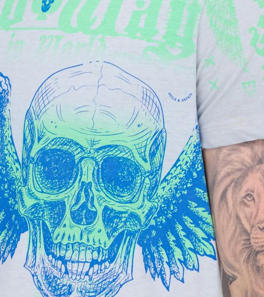 Herren T-Shirt kombinierfreudiges Totenkopf-Print Baumwoll-Shirt Rundhals-Shirt R-15264 Grau 